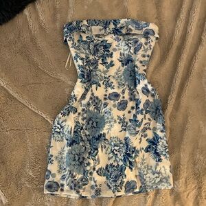 Floral Blue Strapless Dress